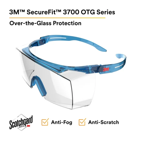 Sobrelentes 3M SecureFit 3700, SF3701AS, Transparente, Antirrayaduras, Patilla Azul, 10 por Caja