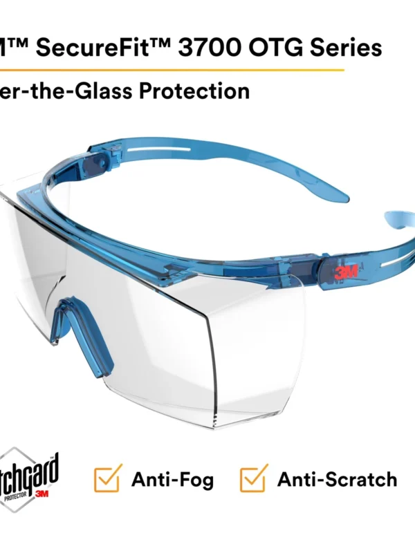 Sobrelentes 3M SecureFit 3700, SF3701AS, Transparente, Antirrayaduras, Patilla Azul, 10 por Caja