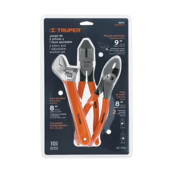 Juego de alicates llave francesa mango de PVC, Truper, JGO-PEPI-3
