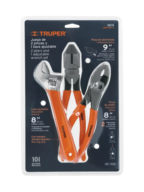Juego de alicates llave francesa mango de PVC, Truper, JGO-PEPI-3