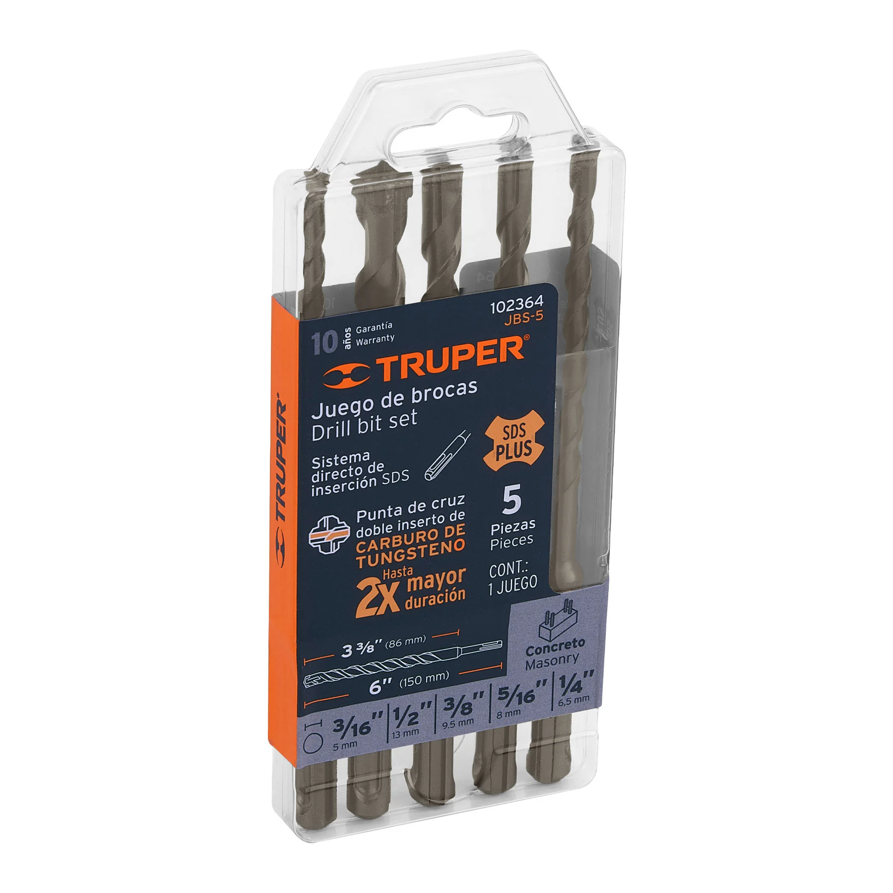 JBS-5 Juego de brocas para concreto SDS Plus, Truper, JBS-5