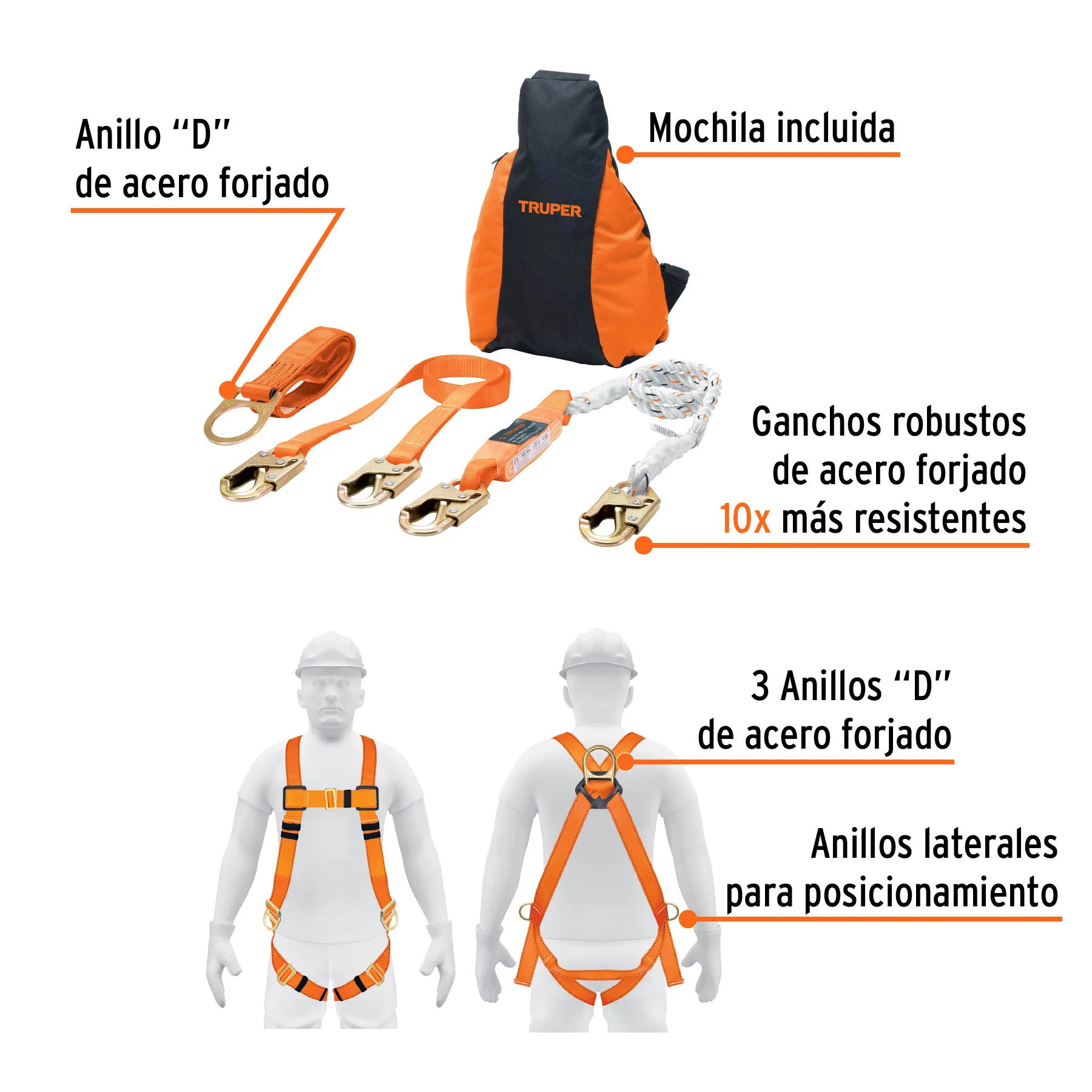 Kit contra caidas con Arnes de tres anillos ARN-KIT-3A, ANSI, Truper